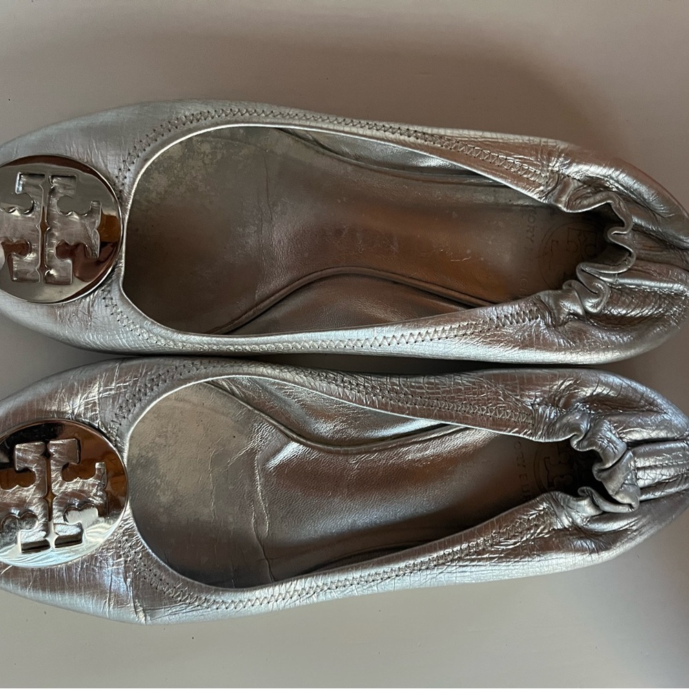 Tory Burch Metallic Silver Flats